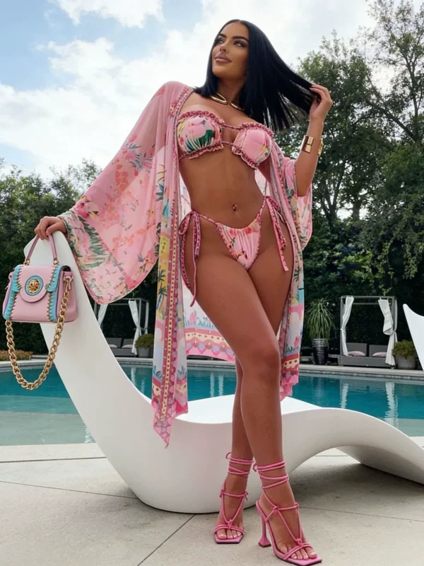 Sexy Print Bikinis Beach Sun Protection Coat 3 Piece Swimsuit GTGE-MH1005
