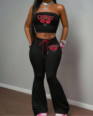 Cherry Print Wrap Chest Top Pants 2 Piece Set XMCS-CS060943