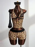 Leopard Print V Neck Backless Two Piece Shorts Set GXIY-K26L2219