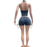 Fashion Denim Sleeveless Two Piece Shorts Set NYF-8210