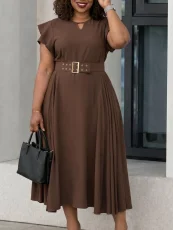 Plus Size Ruffles Short Sleeve Solid Midi Dress GATE-629
