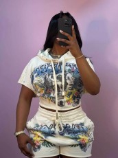 Casual Print Hooded Two Piece Shorts Set YD-8863