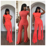 Sleeveless Ruched Tops Flare Pant 2 Piece Set YD-8862