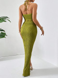 Press Pleated Halterneck Top Split Long Skirt Suit HNIF-YM063