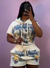 Casual Print Hooded Two Piece Shorts Set YD-8863