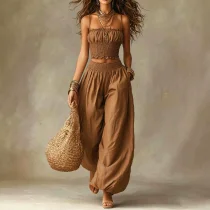 Solid Color Sling Top Lantern Pants 2 Piece Set GWDS-260403