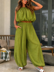 Solid Color Sleeveless Crop Top Lantern Pants Suit HNIF-YY043
