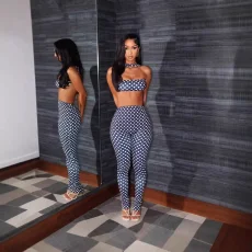 Polka Dots Print Wrap Chest Top Pants Suit SHMF-6208
