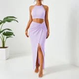 Press Pleated Halterneck Top Split Long Skirt Suit HNIF-YM063