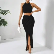 Press Pleated Halterneck Top Split Long Skirt Suit HNIF-YM063