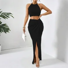 Press Pleated Halterneck Top Split Long Skirt Suit HNIF-YM063