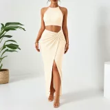 Press Pleated Halterneck Top Split Long Skirt Suit HNIF-YM063