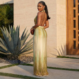 Gradient Print Halterneck Backless Maix Dress GJYO-JD305323