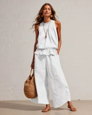 Solid Color Sleeveless Two Piece Pants Set GRNH-28896