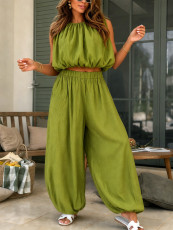 Solid Color Sleeveless Crop Top Lantern Pants Suit HNIF-YY043