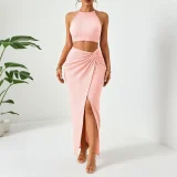 Press Pleated Halterneck Top Split Long Skirt Suit HNIF-YM063