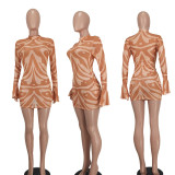Mesh Print Long Sleeve Mini Dress YD-1175