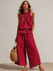 Solid Color Sleeveless Two Piece Pants Set GRNH-28896