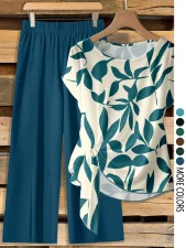 O Neck Print Loose Two Piece Pants Set GSRX-872