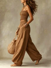 Solid Color Sling Top Lantern Pants 2 Piece Set GWDS-260403