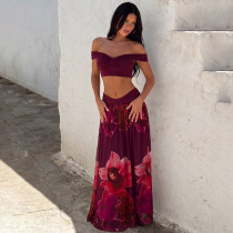 Sexy Print Off Shoulder Top Long Skirts 2 Piece Set LJSF-S6421484X