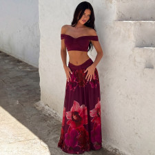 Sexy Print Off Shoulder Top Long Skirts 2 Piece Set LJSF-S6421484X