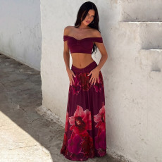 Sexy Print Off Shoulder Top Long Skirts 2 Piece Set LJSF-S6421484X