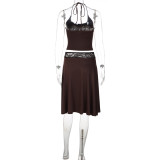 Lace Patchwork Halterneck Top 2 Piece Skirts Set LJSF-S6321394X