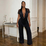 Mesh Deep V Neck Tops Two Piece Pants Set MXBF-J26ST144