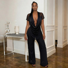 Mesh Deep V Neck Tops Two Piece Pants Set MXBF-J26ST144