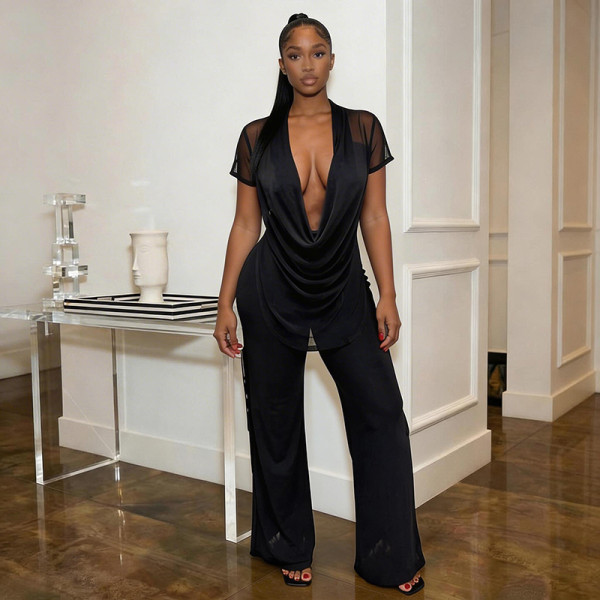 Mesh Deep V Neck Tops Two Piece Pants Set MXBF-J26ST144