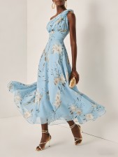 One-shoulder Floral-print Chiffon Maxi Dress GWDS-250643