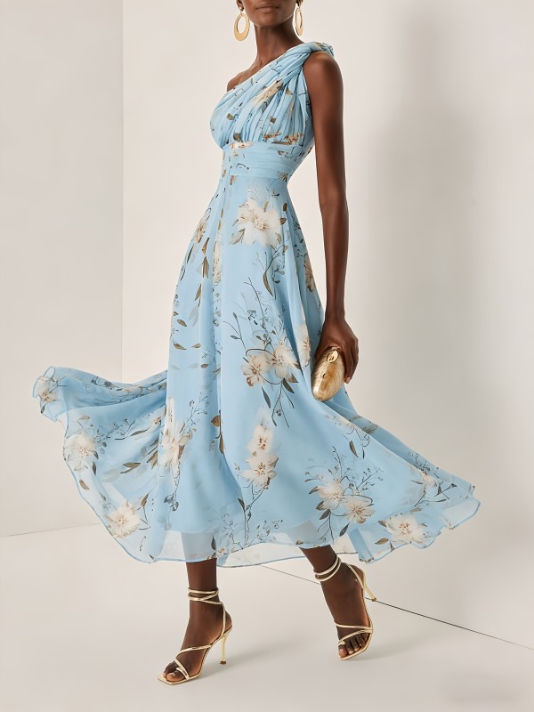 One-shoulder Floral-print Chiffon Maxi Dress GWDS-250643