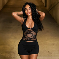 Sexy U Neck Lace See Through Two Piece Shorts Set MXBF-J26ST192