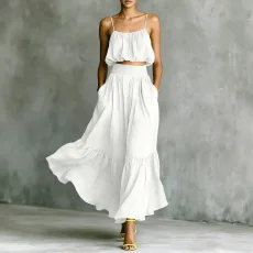 Solid Color Backless Sling Top Long Skirt Set GWDS-260319
