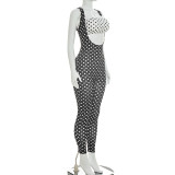 Polka Dots Print Wrap Chest Top+Jumpsuit 2 Piece Set MXBF-J26ST153