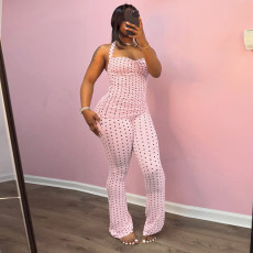 Polka Dots Print Halterneck Two Piece Pants Set MXBF-D26ST115