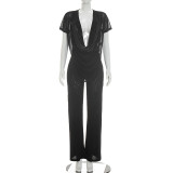 Mesh Deep V Neck Tops Two Piece Pants Set MXBF-J26ST144