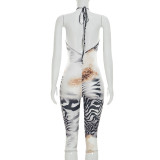 Sexy Halterneck Backless Print Seventh Jumpsuit MXBF-J26JP173