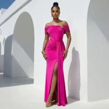 One Shoulder Solid Color Split Maxi Dress CYA-902371