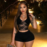 Sexy U Neck Lace See Through Two Piece Shorts Set MXBF-J26ST192