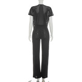 Mesh Deep V Neck Tops Two Piece Pants Set MXBF-J26ST144