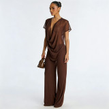 Mesh Deep V Neck Tops Two Piece Pants Set MXBF-J26ST144
