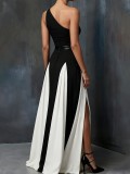Single Shoulder Contrast Color Split Maxi Dress GWDS-260404