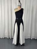 Single Shoulder Contrast Color Split Maxi Dress GWDS-260404