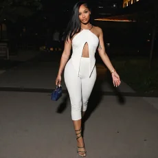 Metal-ring Halterneck Tops Seventh Pant Suit GDSF-J26ST179