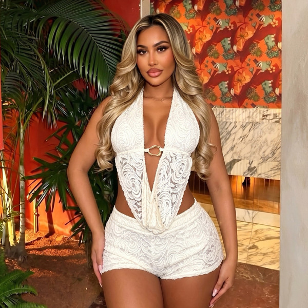 Lace Backless Halterneck Two Piece Shorts Set GDSF-J26ST162