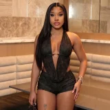 Lace Backless Halterneck Two Piece Shorts Set GDSF-J26ST162