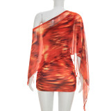 Print Slash Shoulder Ruched Mini Dress GDSF-Q26DS032