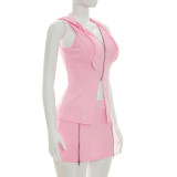 Sleeveless Hooded Zipper Top Skirt Suit GDSF-D26ST137